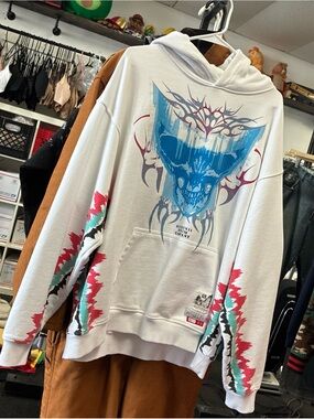 Gunzinii Denim & Co Skull Graphic Hoodie SZ XL White Streetwear Pullover New